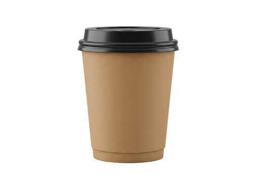 Isolated coffee to go, brown kraft paper cup with black plastic lid, realistic mockup