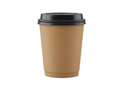 Isolated coffee to go, brown kraft paper cup with black plastic lid, realistic mockup