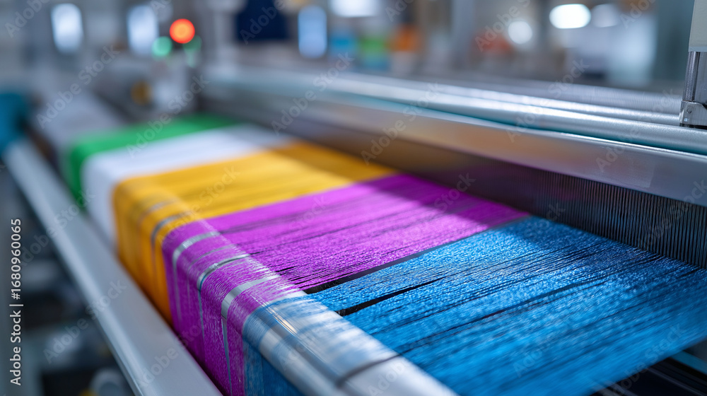 Poster modern textile manufacturing where intelligent weaving machines create complex patterns with mathema