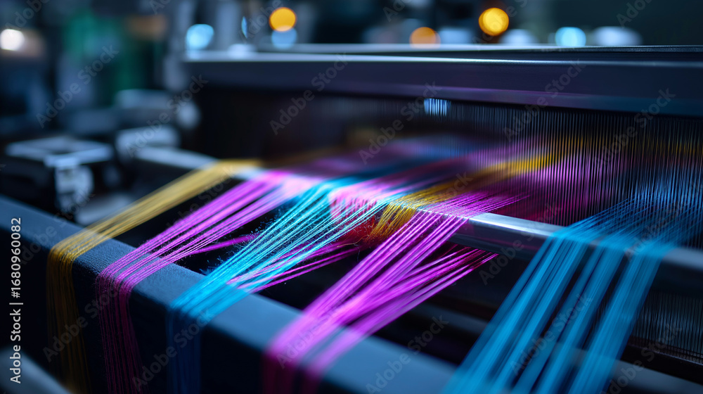 Poster modern textile manufacturing where intelligent weaving machines create complex patterns with mathema