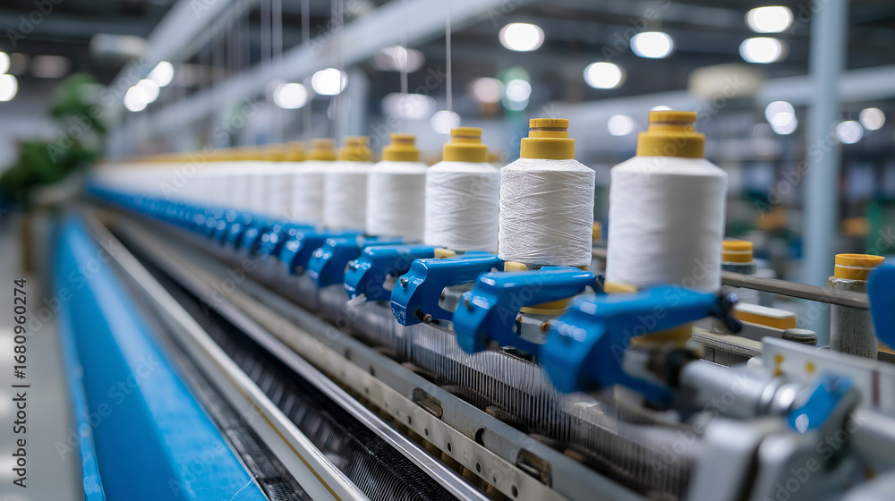 Poster Modern textile manufacturing where intelligent weaving machines create complex patterns with mathematical precision. Colorful threads flow like rivers of light through automated