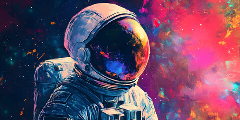 Vibrant astronaut explores colorful cosmic landscape with swirling galaxies and bright nebulae in the background