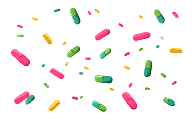 Colorful pills scattered on a black background.  Pixelated, cartoonish style
