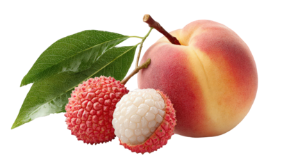 Ripe Peach and Lychees with Green Leaf on Transparent Background