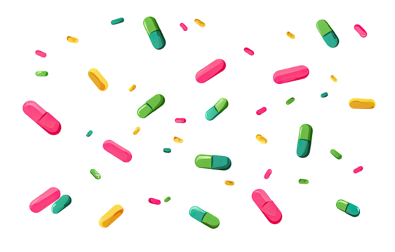 Colorful pills scattered on a black background.  Pixelated, cartoonish style