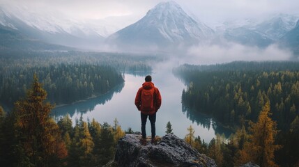A lone hiker stands on a rocky outcrop overlooking a misty mountain lake and valley.