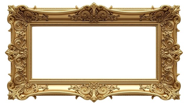 A wide, ornamental gold baroque frame isolated on a white background, featuring elegant, flowing carvings. This empty vintage frame is perfect for adding a touch of classic luxury to any project