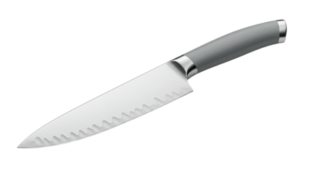 Closeup of a white ceramic kitchen knife with gray handle.