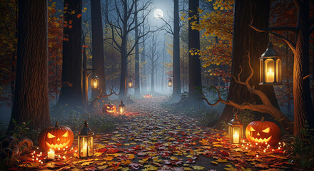 Autumn forest path with pumpkins and lanterns under moonlight, realistic Halloween atmosphere