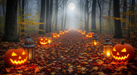 Autumn forest path with pumpkins and lanterns under moonlight, realistic Halloween atmosphere