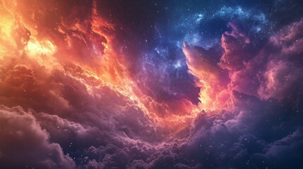 A mesmerizing cosmic landscape with vibrant, swirling clouds of red, orange, blue, and purple, adorned with twinkling stars.