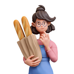 3d rendering portrait of stylized thoughtful asian brunette girl in blue glasses, casual fashion clothes, holding paper bag with baguettes, shopping touches chin with hand thinking on white background
