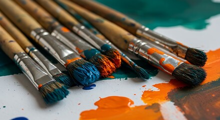 Obraz premium Vibrant Teal and Orange Paint Coats an Array of Artist's Brushes