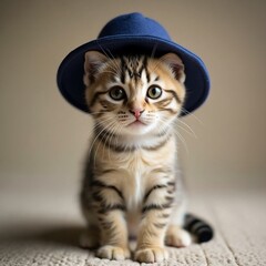 Adorable Gray Tabby Kitten Wearing a Cute Blue Hat