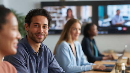 Split scene showing colleagues collaborating both in person and virtually with some team members physically present while others join via large wall mounted screens. Modern techno