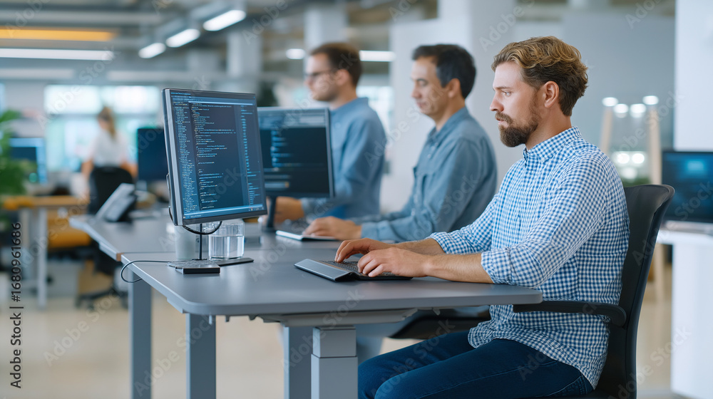 Poster software development team collaborating on multiple monitors showing code and user interfaces with s