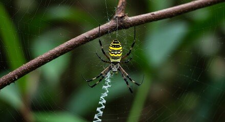 Vibrant Wasp Spider displaying its yellow stripes on an intricate web with a stabilimentum.