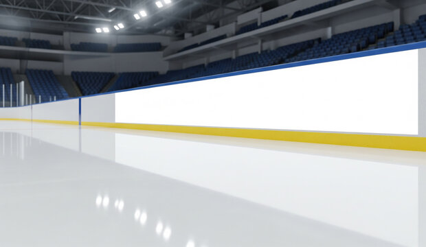 A blank white sign is mounted on the dasher boards of an empty, brightly lit ice hockey rink, offering a perfect, clean mockup for a sports team or brand.