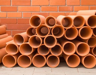 Stacked terracotta drainage pipes against a brick wall, displaying a multitude of round openings and a rich, earthy tone.