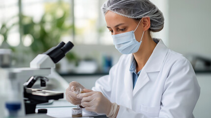 Quality control laboratory for plant based protein bars female scientist in protective gear examining bar samples under magnifying equipment digital scales measuring precise