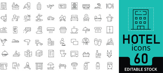 Hotel and Vacation Line Icon Set. Collection of 60 editable outline icons including accommodation, booking, luggage, travel, swimming pool, relaxation, and hospitality. Perfect for tourism, web, apps,