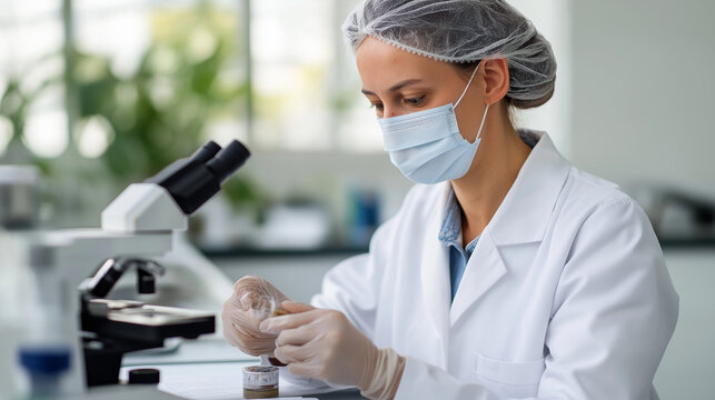 Quality control laboratory for plant based protein bars female scientist in protective gear examining bar samples under magnifying equipment digital scales measuring precise - Powered by Adobe