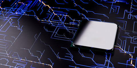 Central processor unit on motherboard with glowing circuit board lines, futuristic technology background with computer chip and electronic components for data processing.