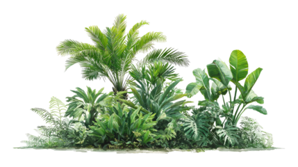 Lush tropical plants, dense foliage, various leaf shapes, vibrant green hues, isolated on black