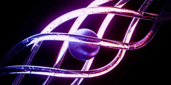 Abstract DNA helix on black background, futuristic science and medical research concept, biotechnology and genetic engineering 3d illustration, glowing neon molecular structure