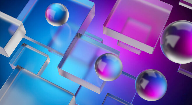 Abstract 3d background with glass cubes and spheres, glass-morphism design for technology and business presentation, floating transparent shapes in blue and purple light.