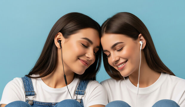 Two beautiful young women, best friends, listen to music together, sharing a single pair of earbuds, their heads touching in a moment of close, peaceful connection. - Powered by Adobe