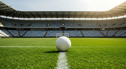 White Soccer Ball on the Center Line of a Sun-Kissed, Empty Stadium Pitch