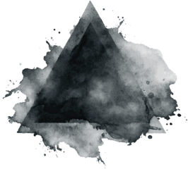 Dark gray triangle, surrounded by a smoky, gray watercolor splatter