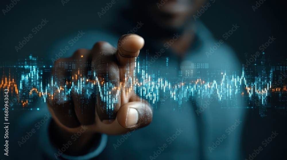Poster digital sound waves visualization with a human finger touching waveform