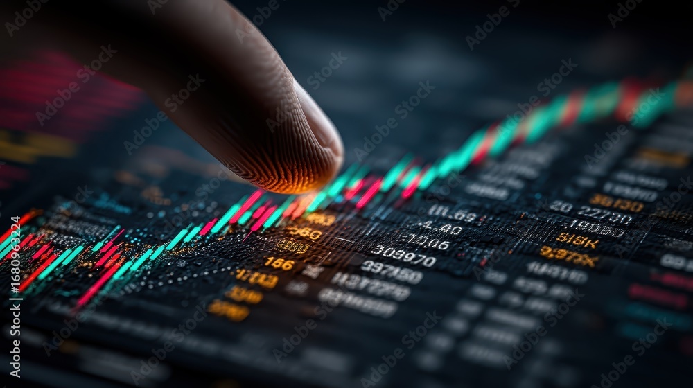 Poster financial data analysis with digital finger hovering over stock chart