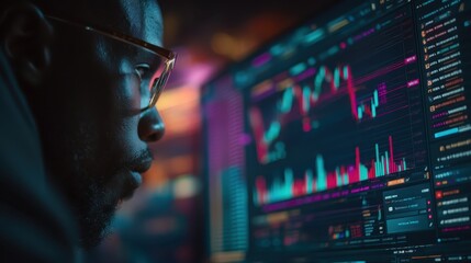 Focused Man Analyzing Data Trends on Computer Screen in Dark Environment