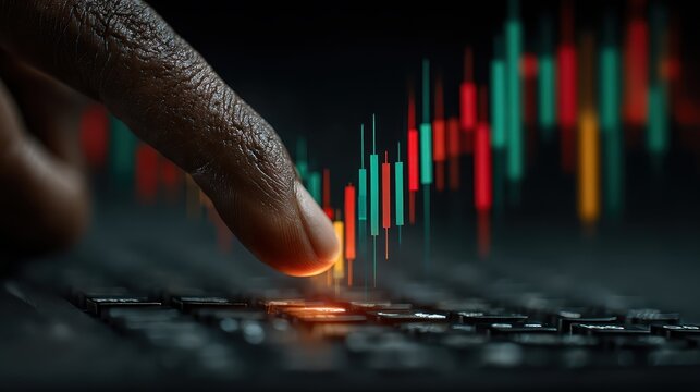 Finger Pressing Keyboard with Stock Market Chart Background at Night