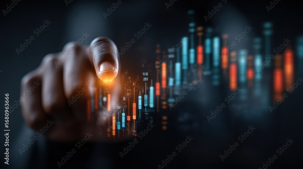 Aufkleber hand interacting with digital data graph for financial analysis and insights