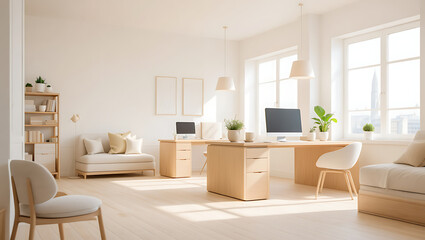 A bright and minimalist home office features clean lines natural light and wooden furniture creating a serene and productive workspace for focus and creativity modern living room with fireplace