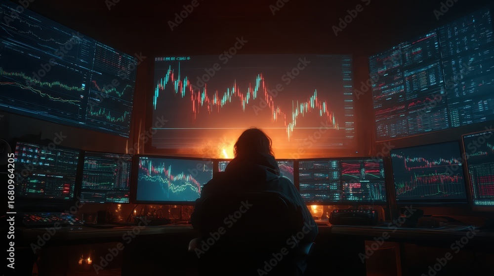 Aufkleber person analyzing financial data in dark room with multiple screens displaying charts