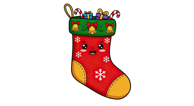 Cute Cartoon Christmas Stocking with Gifts and Candy Canes.
