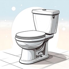 Detailed illustration of a modern, white, porcelain toilet, presented in a light and airy style.