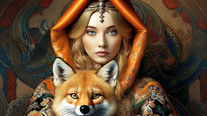 A young Caucasian woman with long blonde hair wears an ornate orange hooded cloak. A red fox sits beside her, both against a richly patterned background. - Powered by Adobe