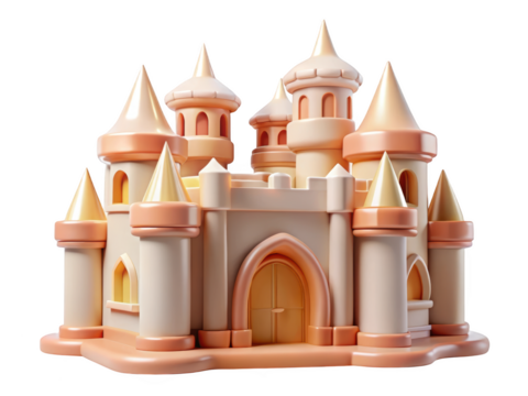 Cartoonish pink and beige princess castle with towers and golden spires 3d illustration isolated on transparent background