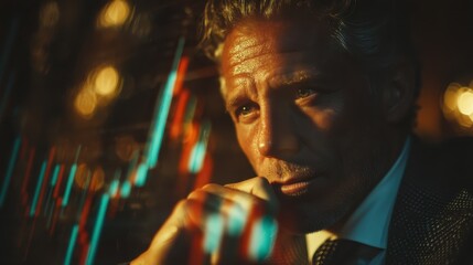 Thoughtful businessman contemplating financial data in a dimly lit office