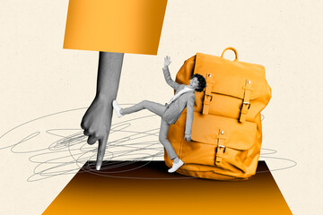 Composite sketch collage of big size hand gesture finger point down backpack young teenage boy walk season september student study uniform