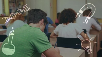 Animation of science education icons over happy caucasian teenage male student in classroom - Powered by Adobe