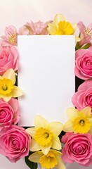 Blank card surrounded by fresh spring flowers: roses, daffodils, and alstroemeria