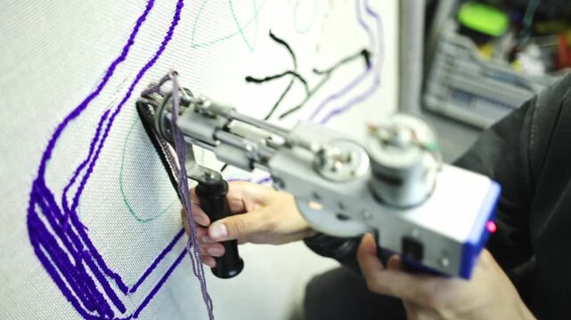Craftswoman making carpet on canvas with tufting machine 