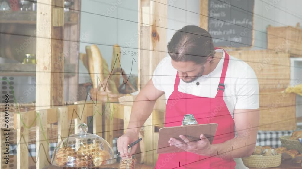 Poster digital animation showcases global business tech and networking in a coffee setting.
